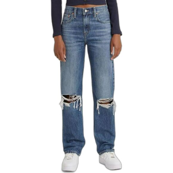 Levi's Low Pro Straight Jeans Breath Out In Medium Indigo Distressed Knees Sz 29 - Picture 1 of 10